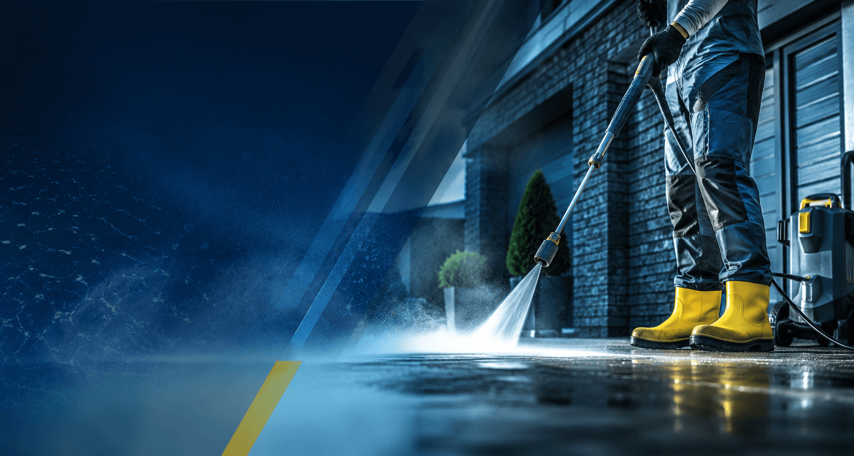 Pressure washing technician cleaning the exterior of a residential home